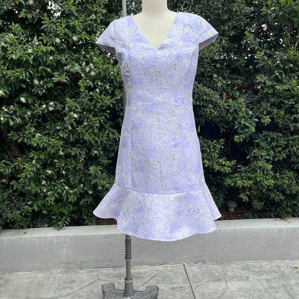 Kensie Lilac Metallic Brocade Dress Size 10 Fit & Flare Ruffle Hem Cocktail